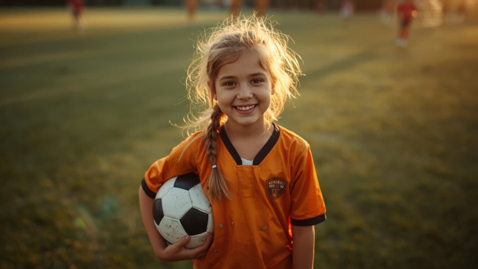 A smiling young girl in a soccer uniform holding her ball on the field after a game
