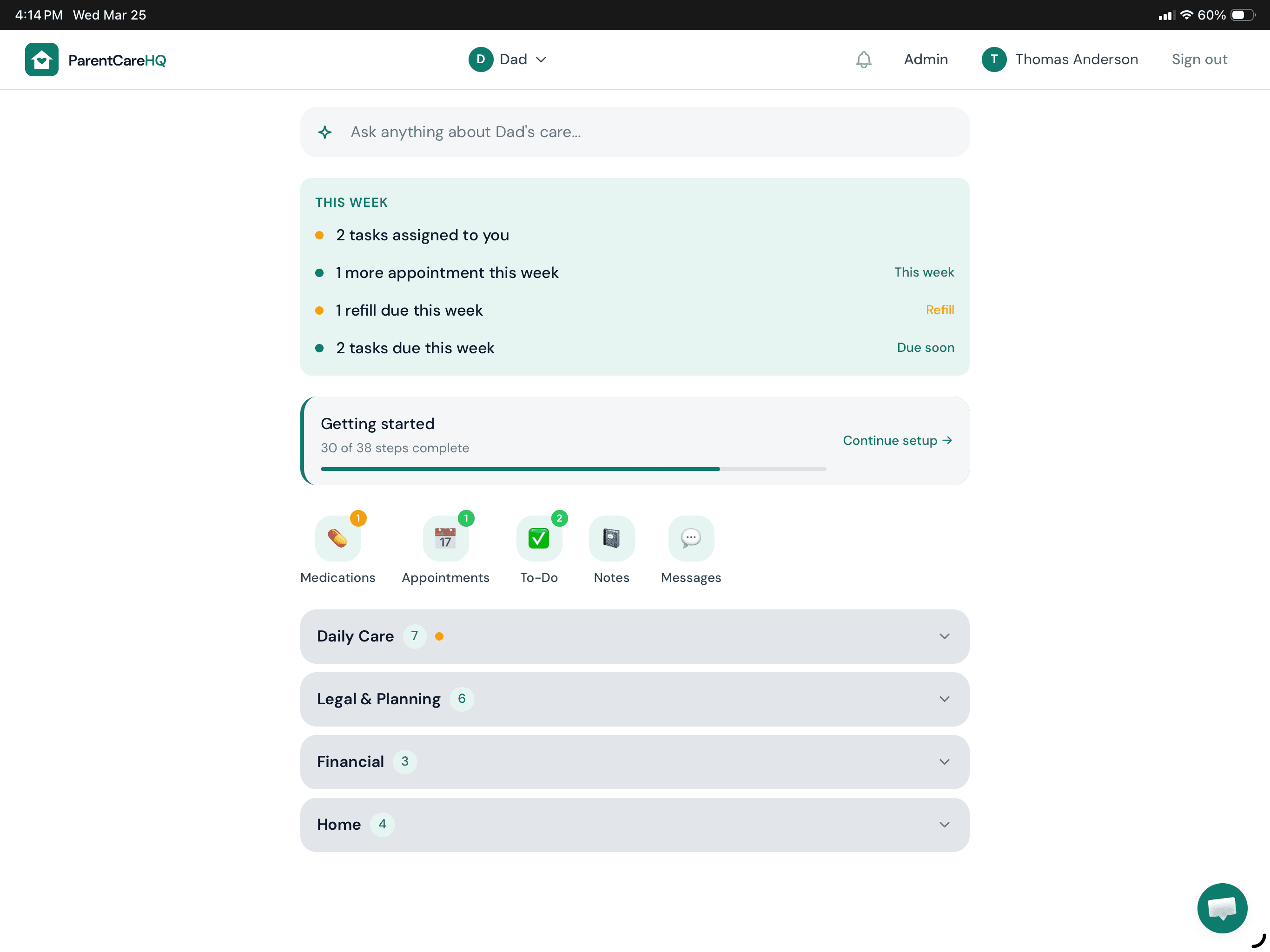 ParentCareHQ tablet app showing the full care hub on iPad