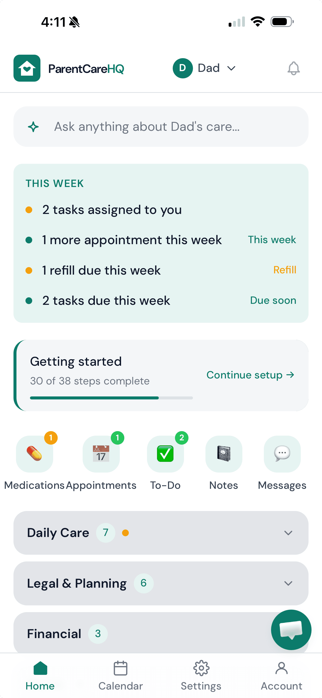 ParentCareHQ mobile app showing the care dashboard on iPhone