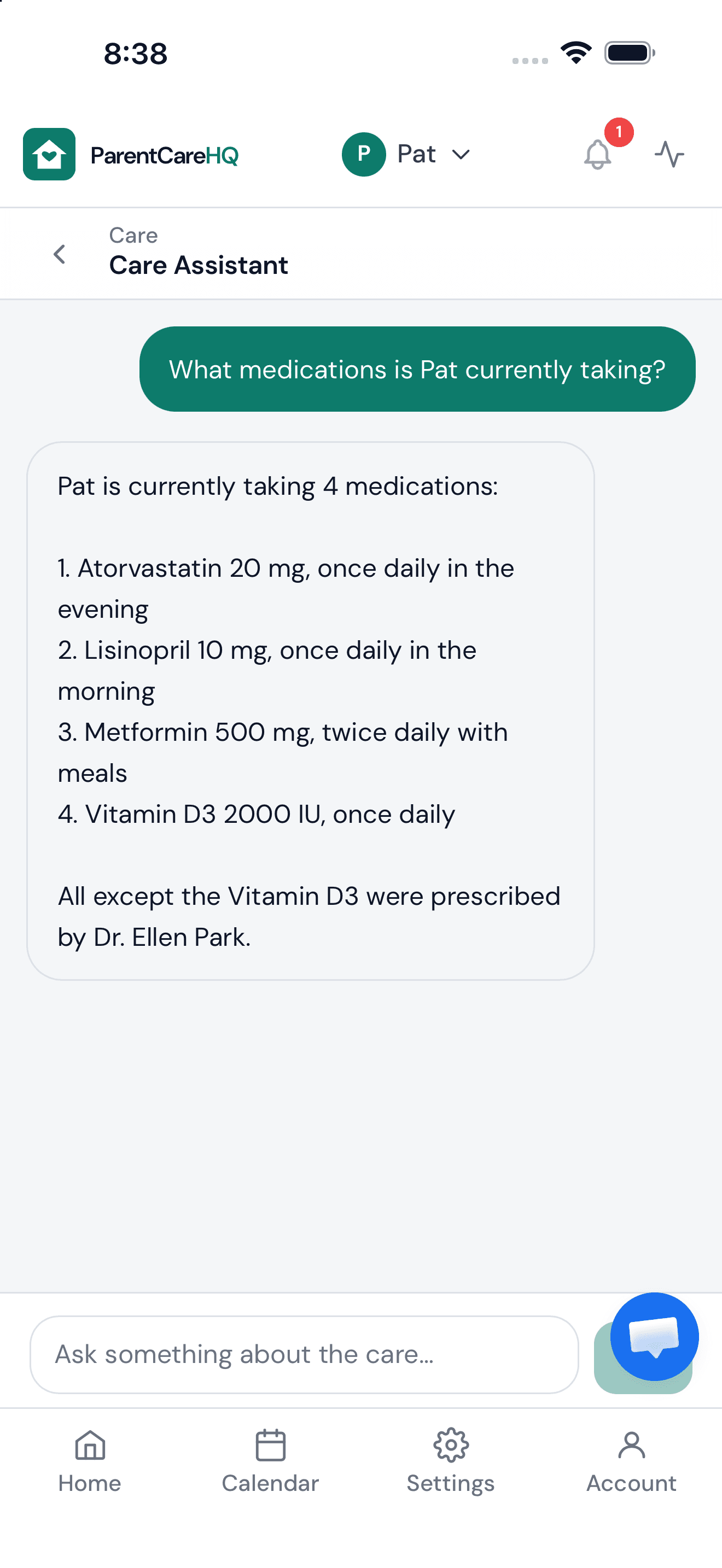 AI care assistant in ParentCareHQ answering a question about medications