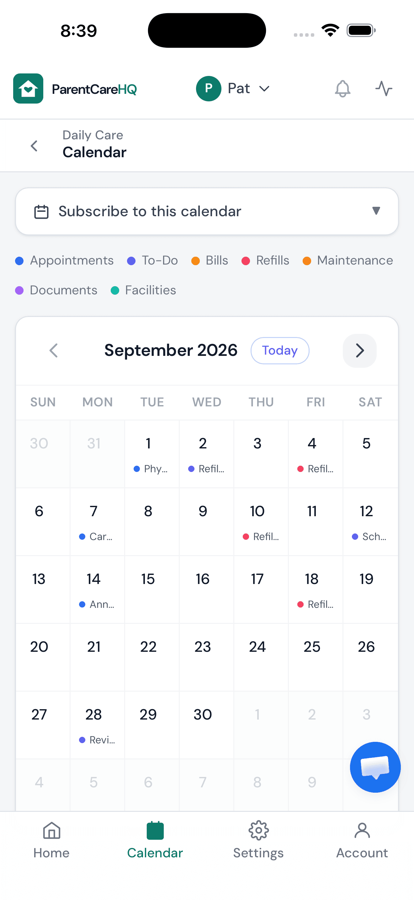 Shared care calendar in ParentCareHQ