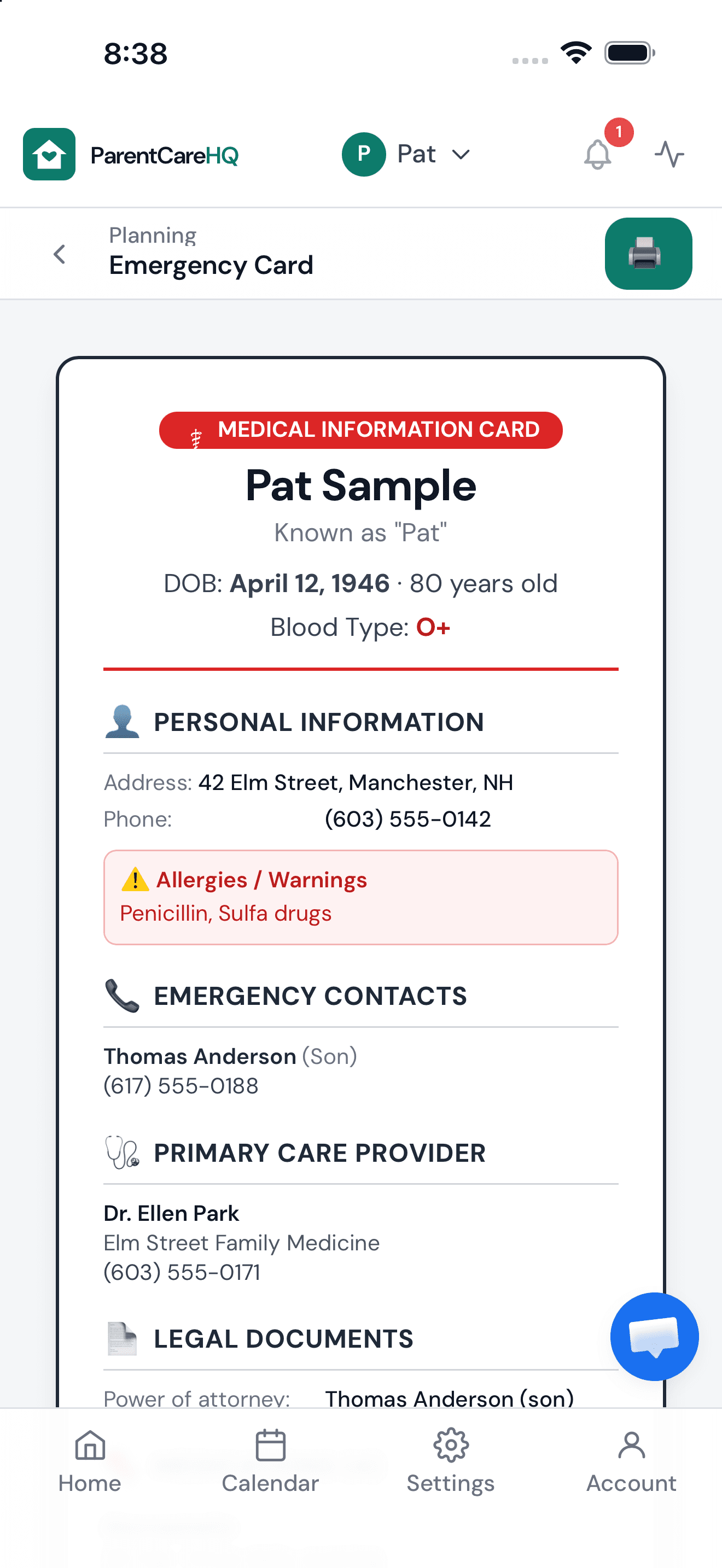 Pat's emergency card in ParentCareHQ on iPhone: allergies, emergency contact, primary care doctor, and power of attorney
