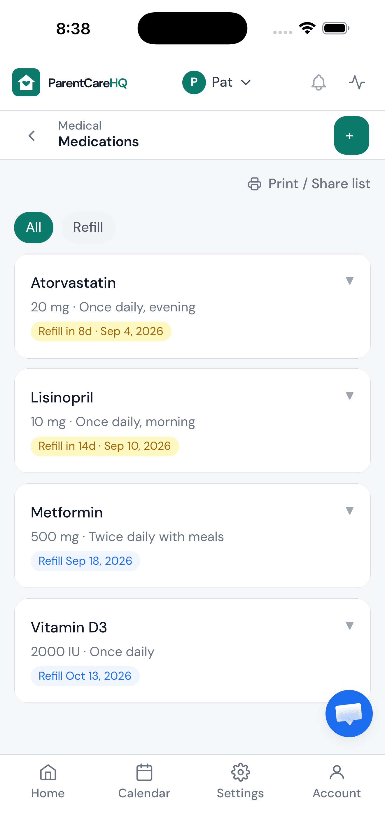 Medications list in ParentCareHQ with doses, prescribers, and refill dates