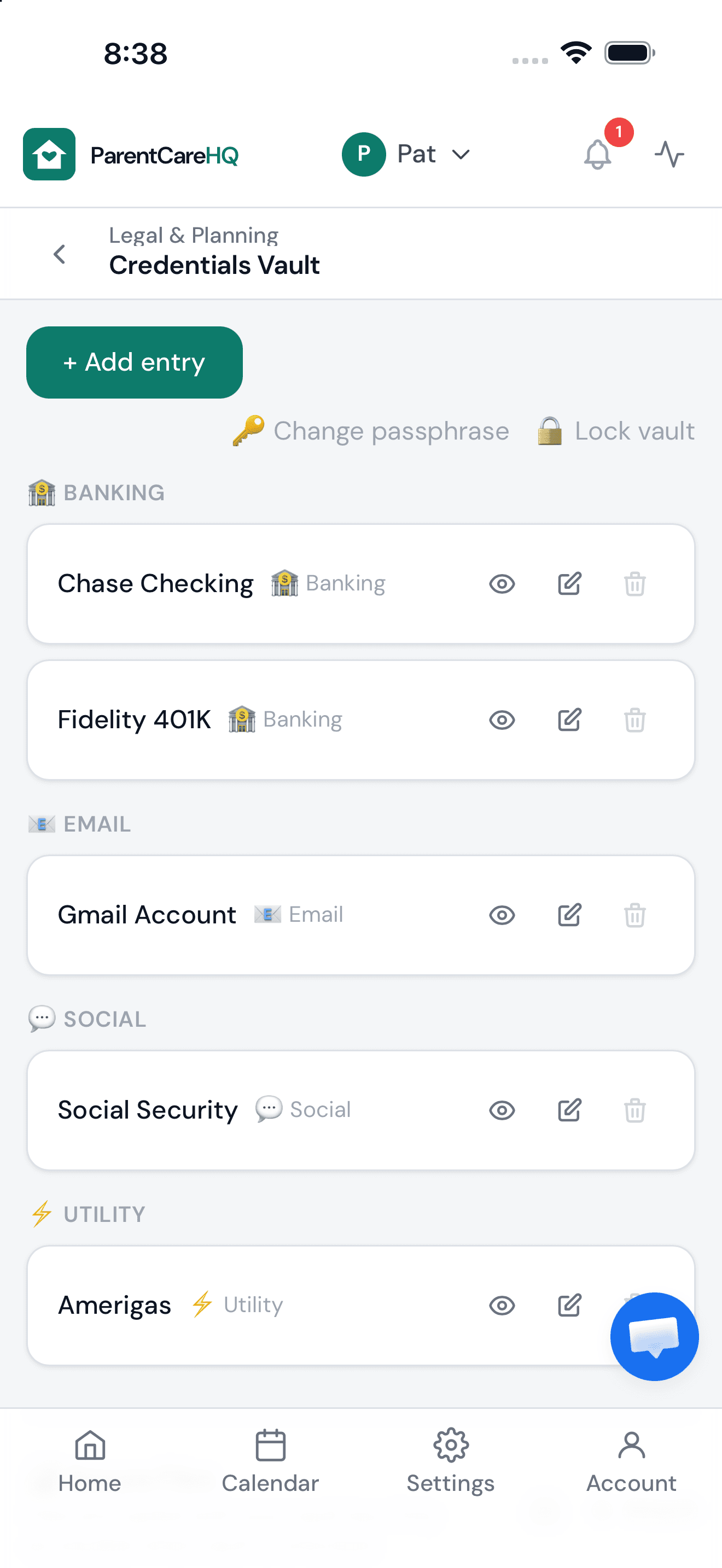 Pat’s encrypted credentials vault in ParentCareHQ: banking, email, and utility logins, hidden until revealed